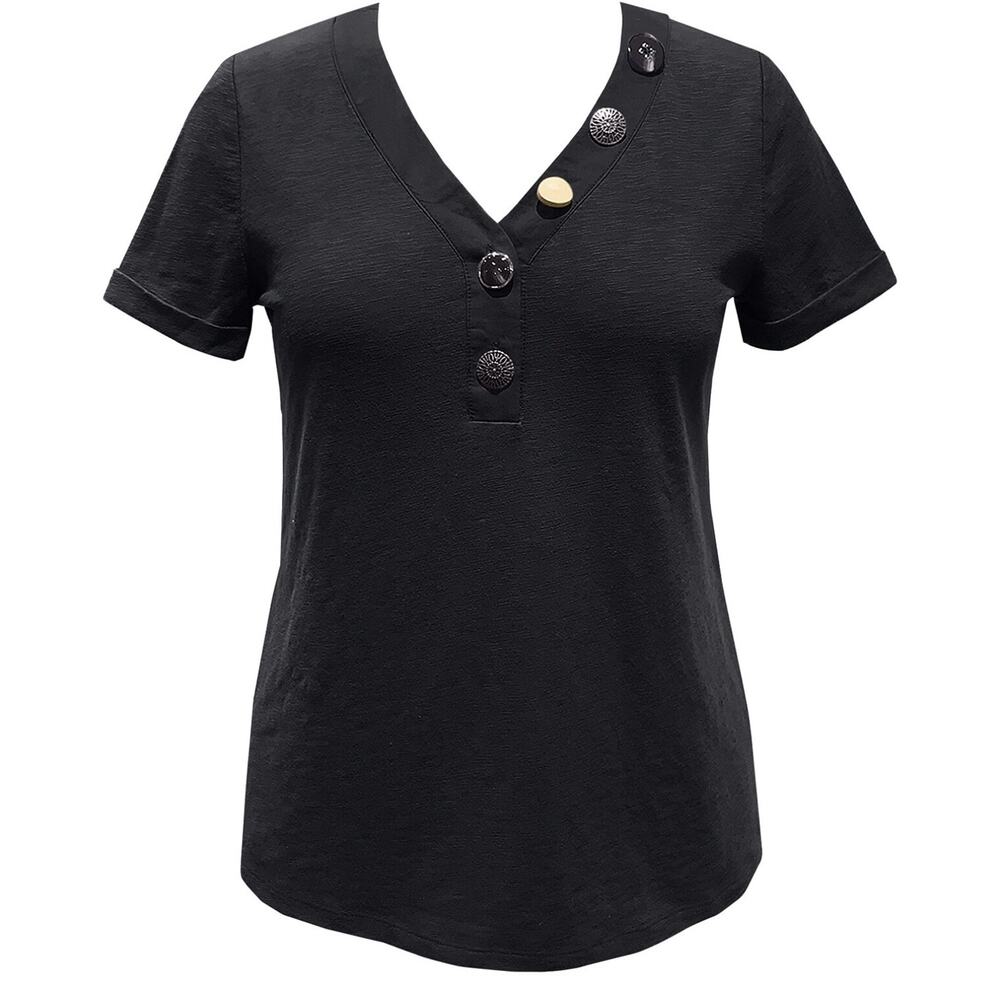 JM Collection Women's Petite Button-Front V-Neck Top Deep Black Size PXL